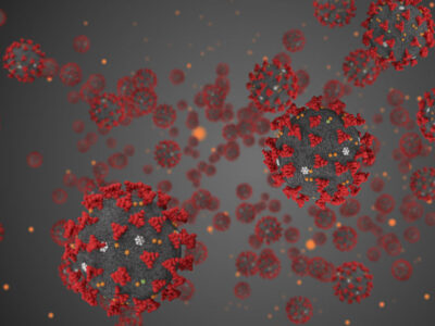 3D rendering, coronavirus cells covid-19 influenza flowing on gr